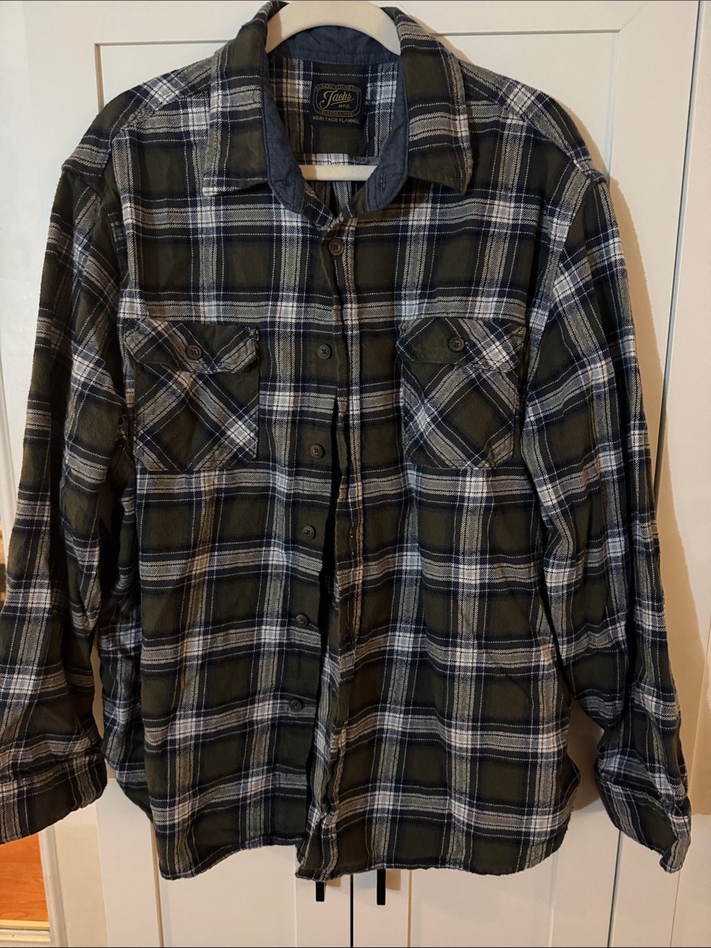 Jachs Olive and Navy Plaid Button-Down Flannel Shirt
